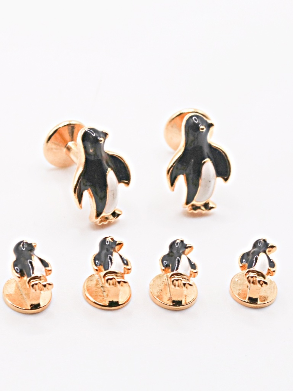 Gold-Tone Black & Cream Enamel  Penguin Cufflinks and Tuxedo Studs Set
